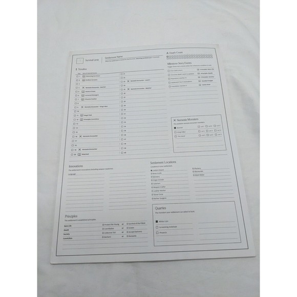 Kingdom Death Monster 1.0 Settlement Sheet Pad - Picture 1 of 7